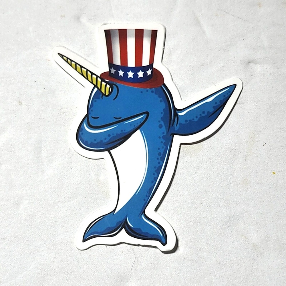 Dabbing Narwhal Sticker USA Flag Top Hat Uncle Sam Patriotic Whale Decal 2.75"